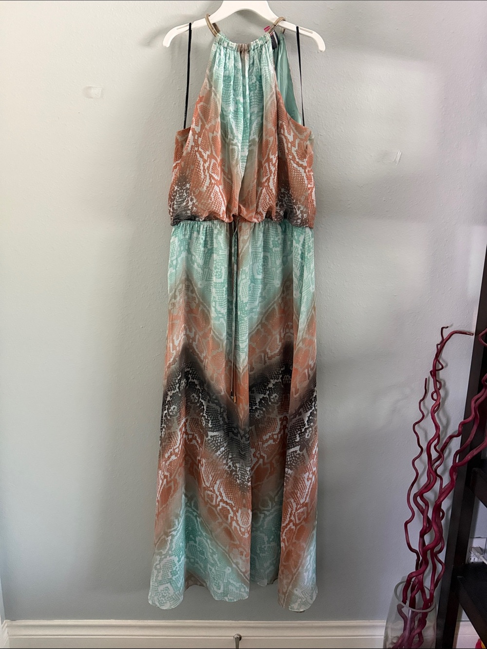 Vince Camuto Mint, Peach & Black Printed Halter Maxi Dress